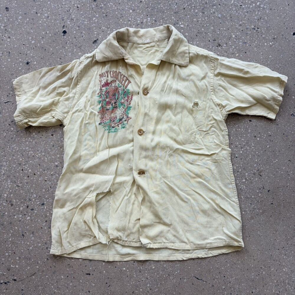 Vintage 50s Davy Crockett Yellow Distressed Rayon Shirt